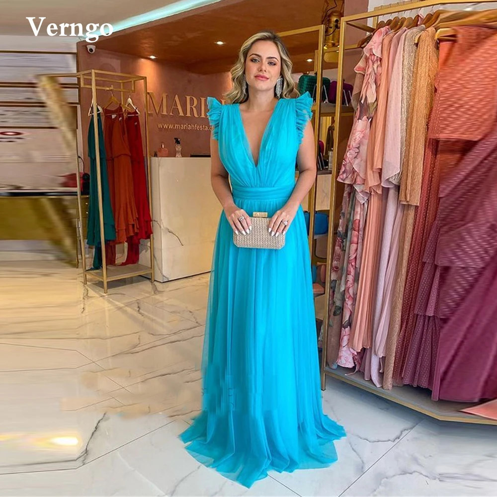 Verngo Vintage Sky Blue Tulle abiti lunghi da ballo con scollo a V con scollo a V e maniche con volant maniche ad aletta abiti da sera formali da donna di fidanzamento