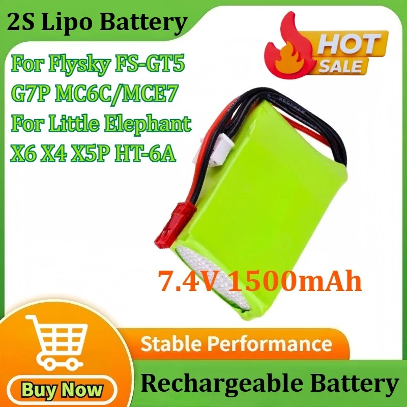

7.4V 1500mAh 2S Lipo Battery for Flysky FS-GT5 G7P MC6C/MCE7 for Little Elephant X6 X4 X5P HT-6A Remote Controller with JST Plug