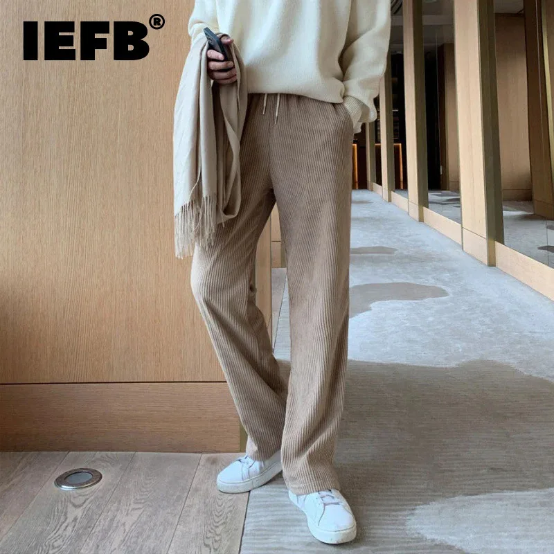 

IEFB Casual Men's Pants Thickened Corduroy Elastic Waist Drawstring Male Solid Color Straight Trousers Autumn New Fashion 9C3358