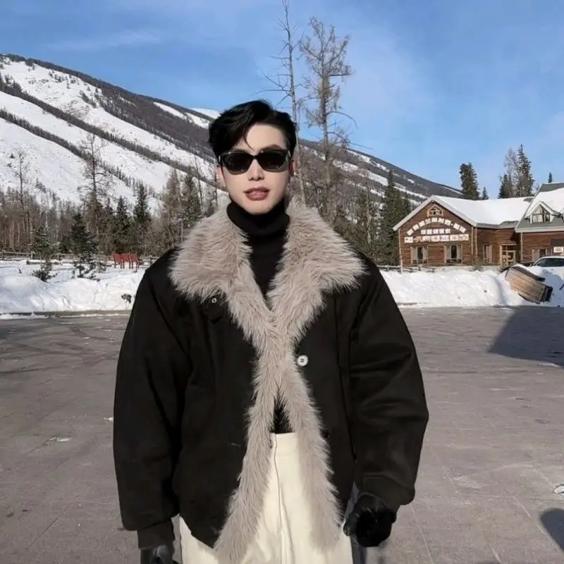 

Vintage Winter Mountain Carving Coats Imitation Fur Collar Winter Jacket Men Short Thick Korean Fashion Warm Cotton Men Clothing
