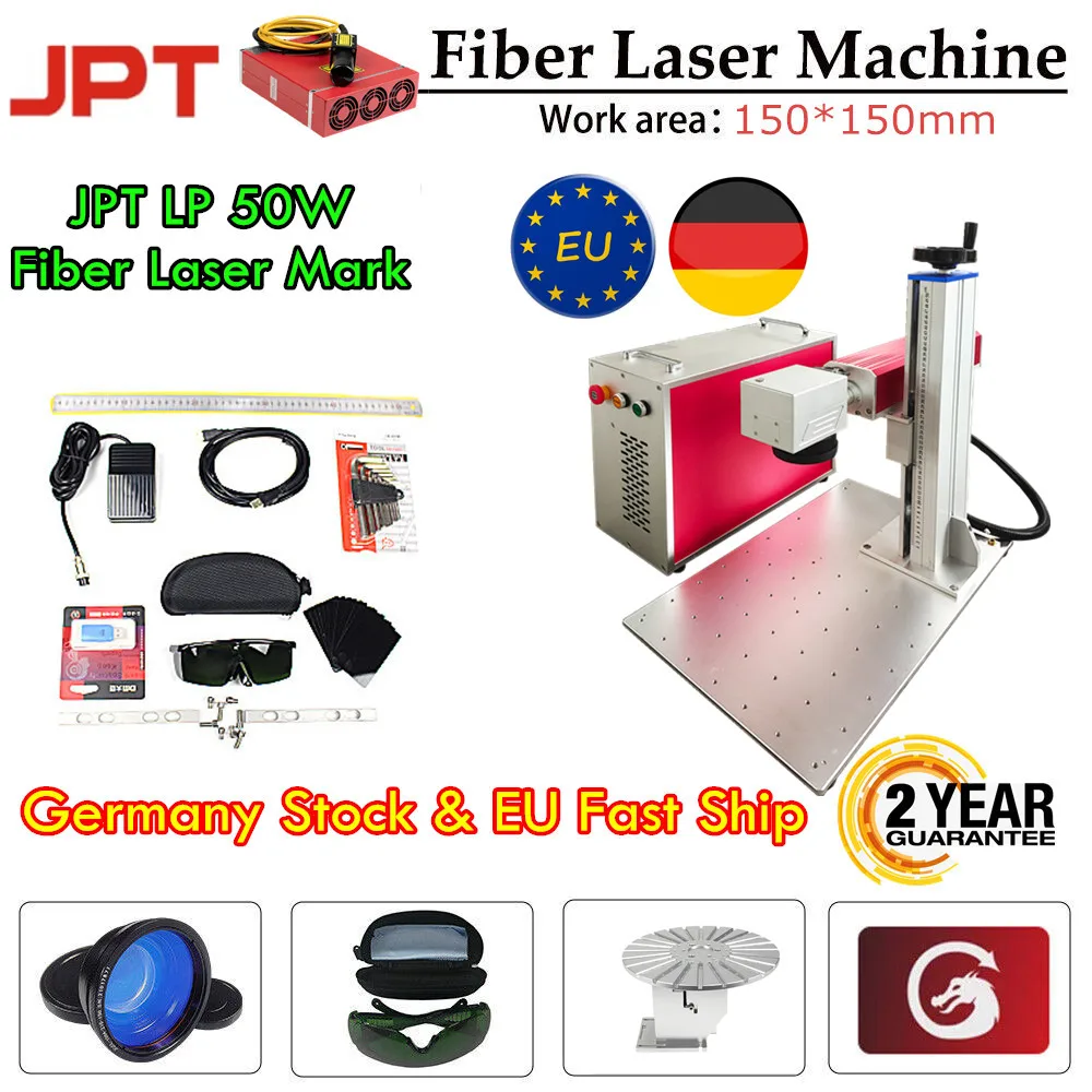 【EUShip】50W Fiber Laser Marking Machine JPT LP Raycus QB 150mm lens for Metal Ring Jewellery Rotary Axis EZCAD2 Double Red Light