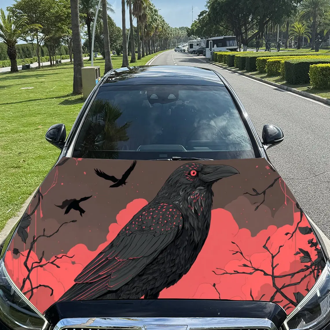 Involucri in vinile per cofano motore per auto in PVC, corvo nero, notte oscura, nuvola di sangue, adesivo autoadesivo impermeabile per cofano auto, auto
