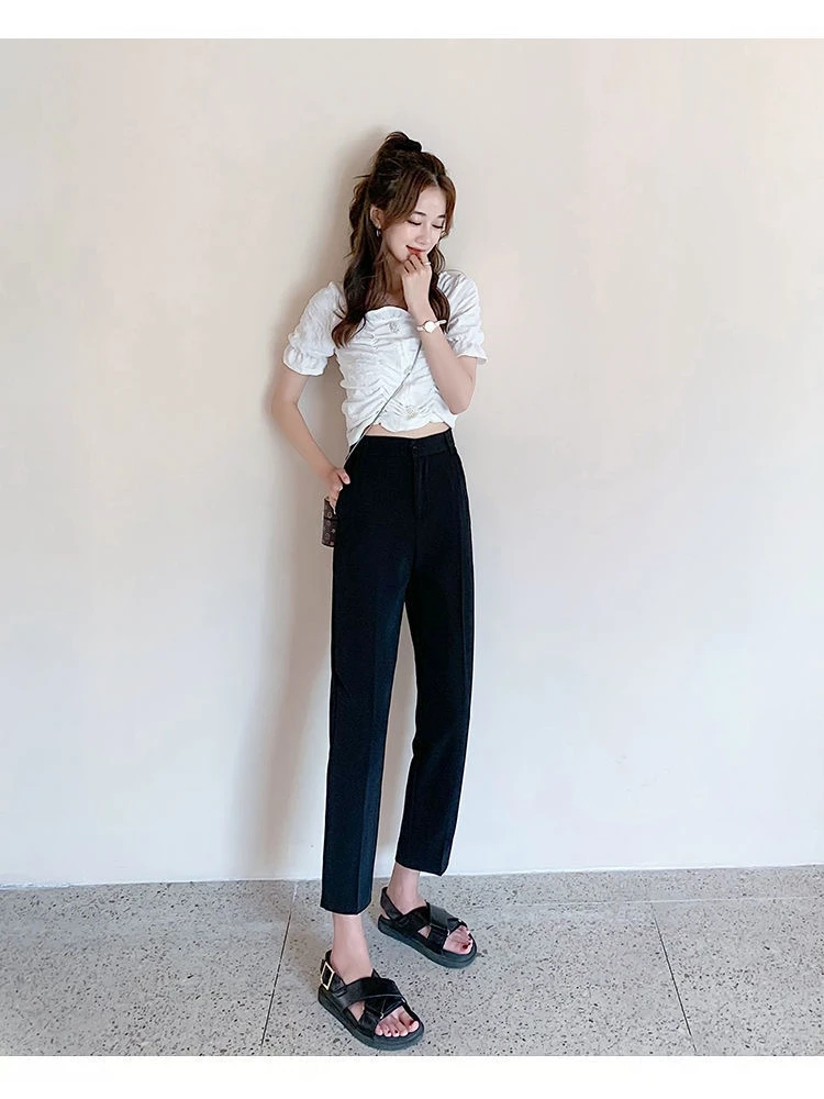 

Свободные повседневные женские костюмные брюки с высокой талией, корейские шаровары больших размеров, утягивающие брюки с девятью точками e