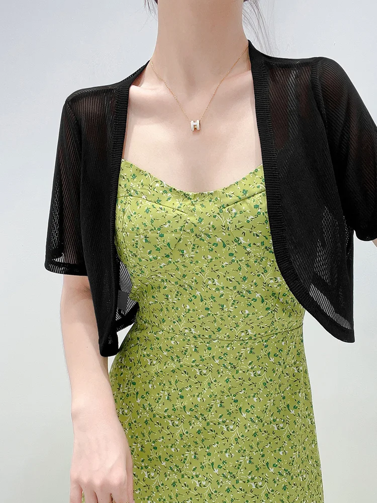 

Korean Style Ice Silk Mesh Short Sleeve Women's Summer Dress Cover up Cardigan Loose Fit Hollow out Lace Transparent Outerwear