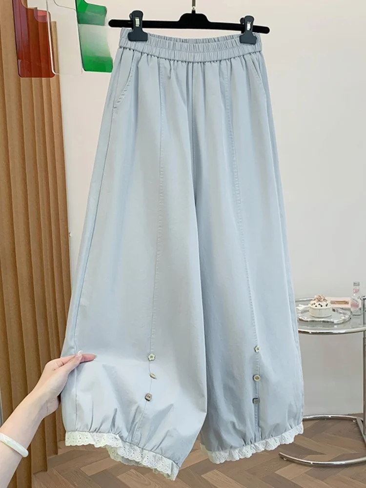 Summer New Pure Cotton Lace Trim Splice Bloom Pants Women Elastic High Waist Lantern Pants Small Size Cuffed Wide Leg Pants