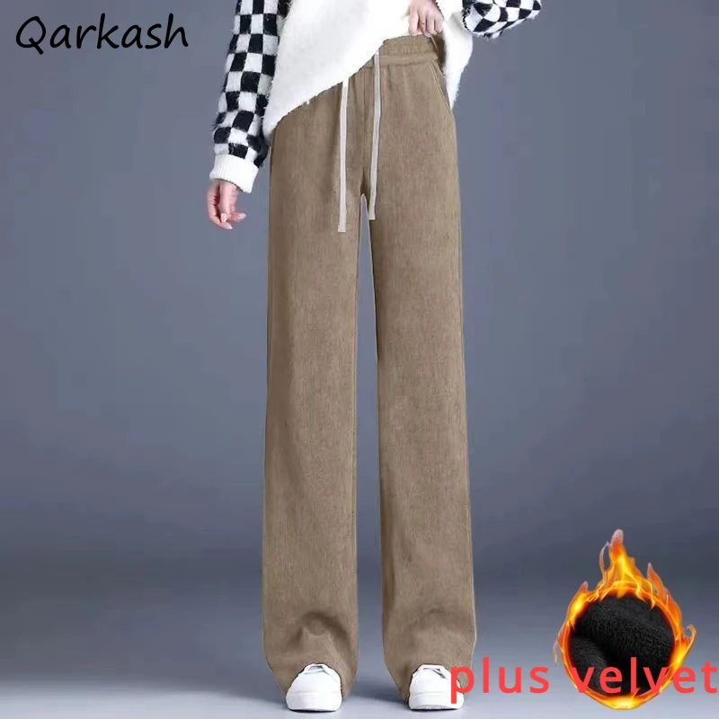 

Casual Pants Women Plus Velvet Winter Warm Solid High Waist Loose Wide Leg Trousers All-match Straight Cozy Ulzzang Jogger Ins