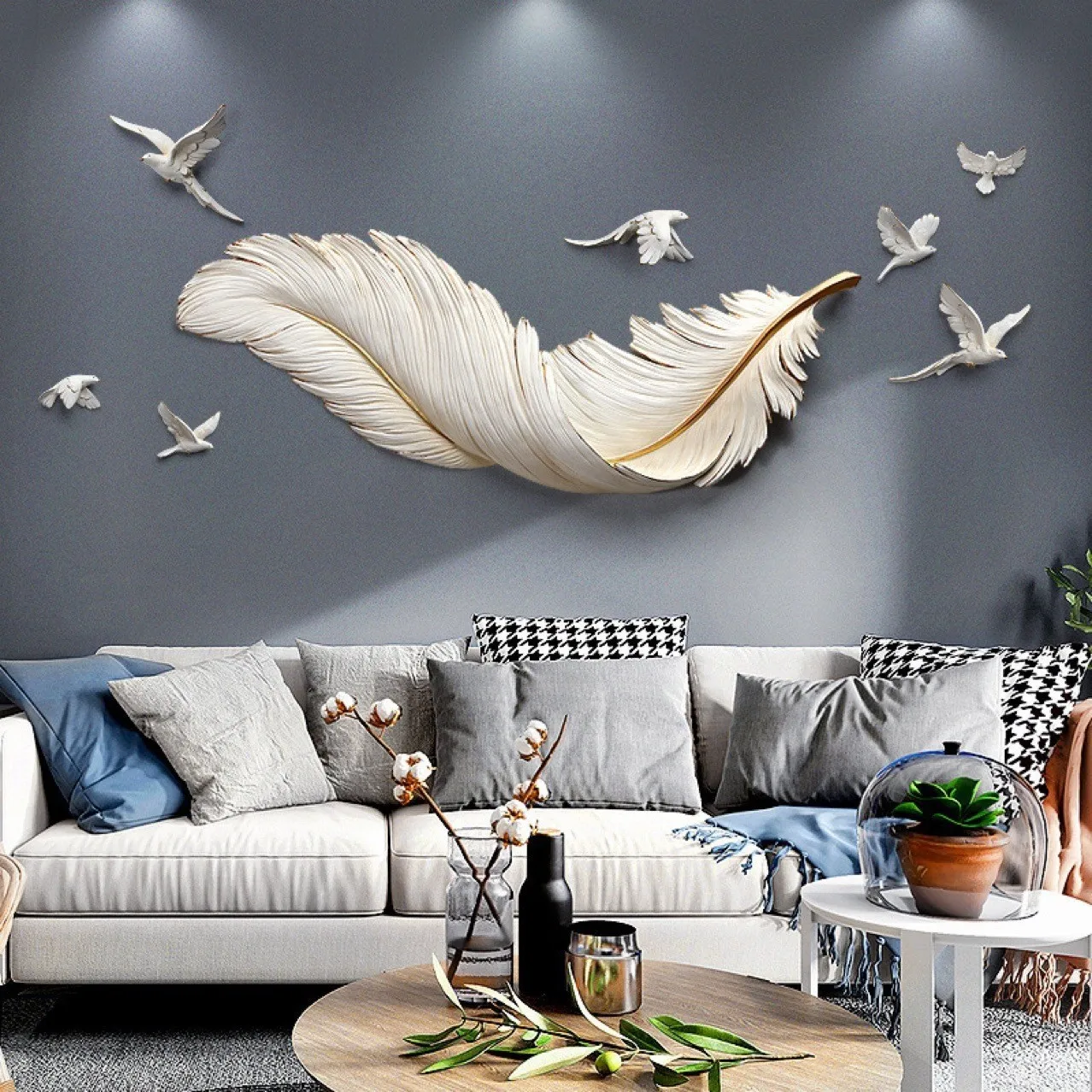 Light luxury feather wall decoration TV background wall creative pendant Resin products are fragile