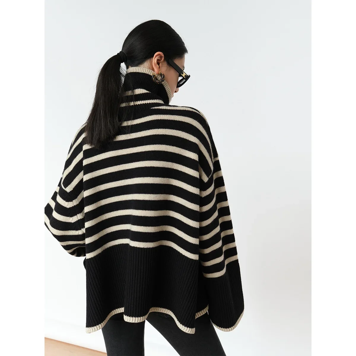 Fashion Tops 2024 Women Striped High Collar Sweaters New Spring Autumn Loose Design Knitted Pullover Oversized Jumper Top Mujer