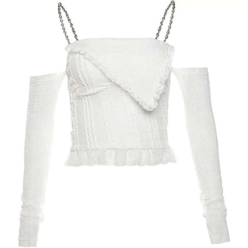 Long Sleeve T-Shirt Lace Chain Off Shoulder Slash Neck Top Y2k Coquette Clothes Aesthetic White Crop  Sexy Top