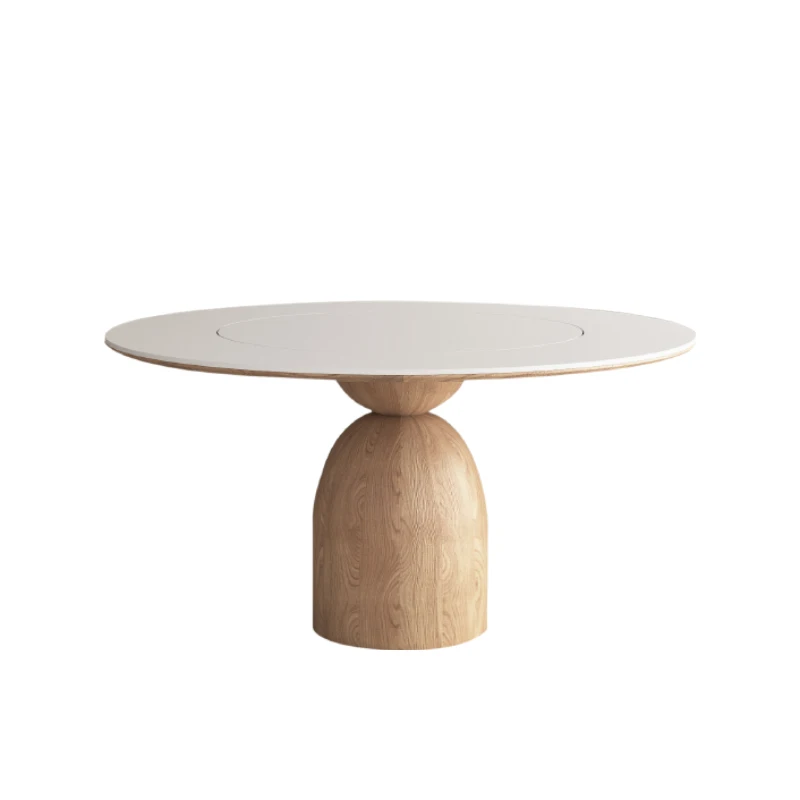 Round dining table with log rock plate household cream wind belt turntable can rotate white dining table.