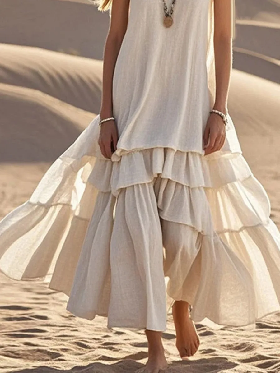 Retro Solid Cotton Linen Pleated Long Dress Woman Spring Fashion V Neck Loose Maxi Dress Summer Sleeveless Tank Boho Beach ZSA8