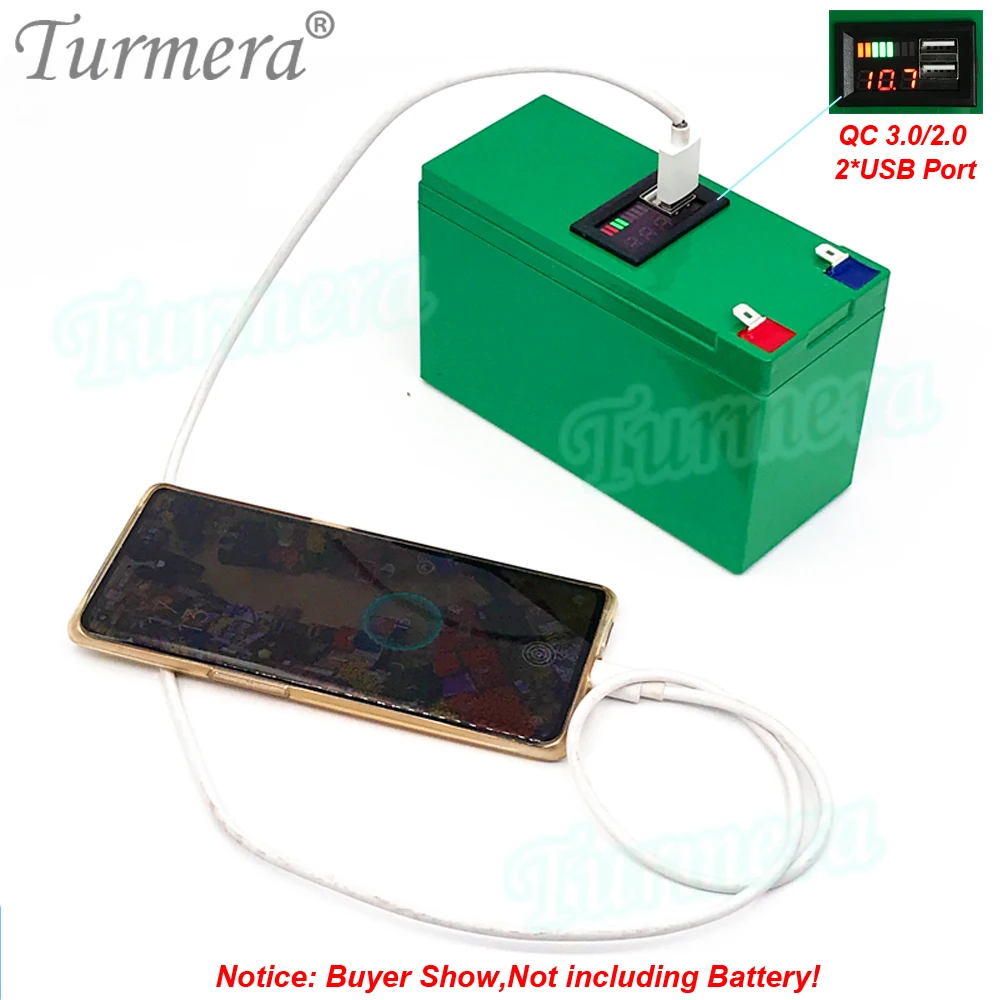 Turmera 12V Battery Box 3X7 18650 Holder 3S 40A BMS DC 12V to 5V QC3.0/2.0 2*USB Displayer  for Replace Motorcycle Lead-Acid Use