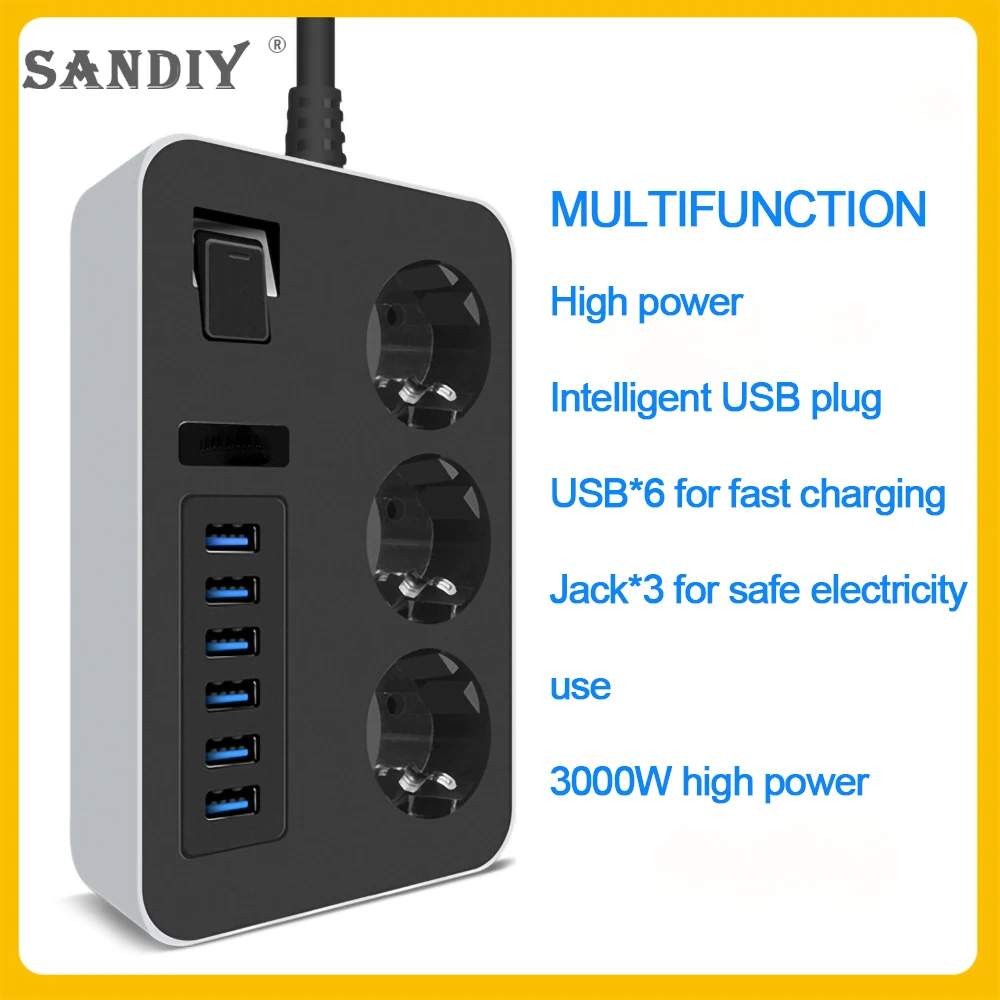 Imagem -04 - Sandiy ue Plug Power Strip com Cabo de Extensão ac Soquetes Elétricos Portas Usb Charing Rápido Rede Filtro para Escritório em Casa