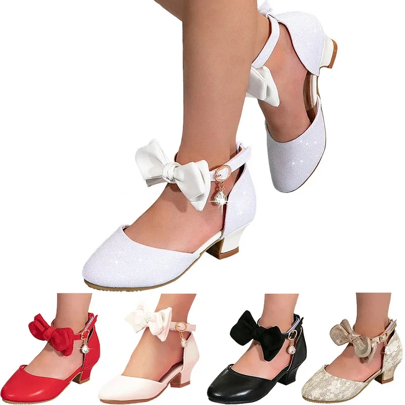 

Shiny Luxury Children Wedding Bridesmaids Elegant Party High Heels Leather Shoes Ankle Length Gala Celebration Fancy Girl Sandal