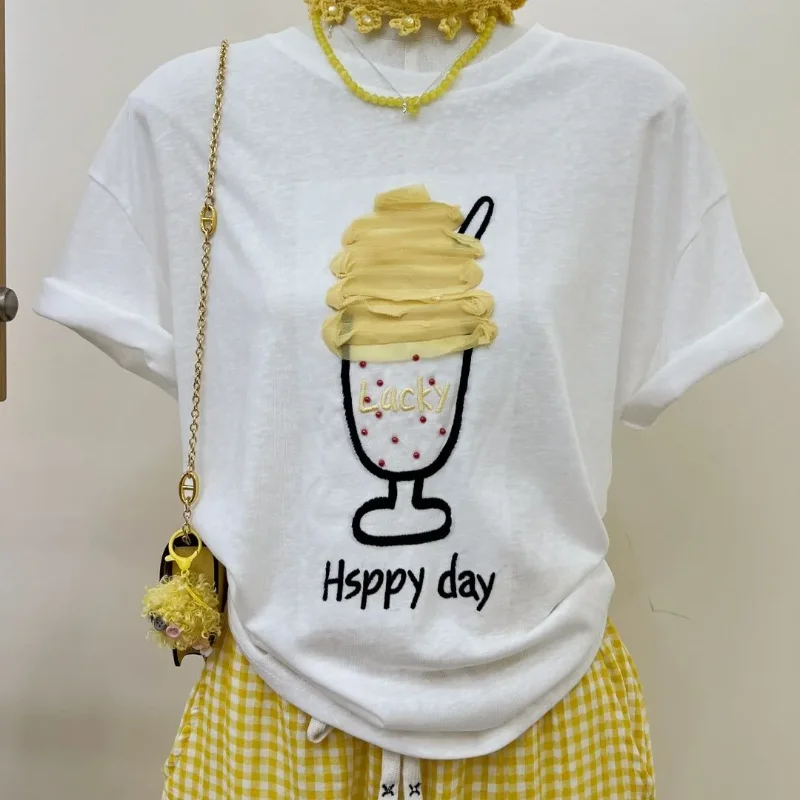 Women Korean Loose Ice Cream Embroidery Short Sleeve T Shirt Casual Basic Daily Tees S-XXL - view 4