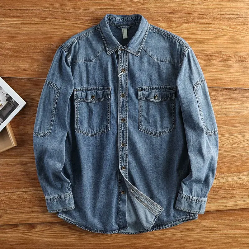 

Мужская джинсовая рубашка в американском стиле, свободного кроя, с длинным рукавом, из смесового хлопка и полиэстера, молодежная, модная, весенне-осенняя верхняя одежда
