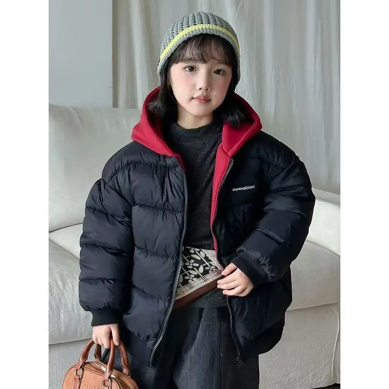 Boys Girls Winter Warm Down Coats Kids Reversible Padded Jackets Children's Thickened Outerwear Teenager Cotton Hooded Parkas