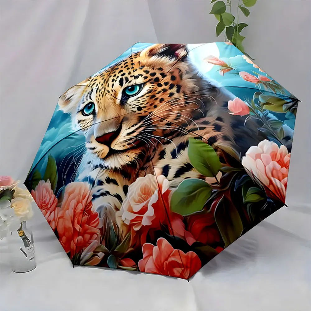 1PC Beautiful Leopard and Floral Design Umbrella Print 8 Iron Ribs Folding Umbrella Auto-Open Fashion Sunshade