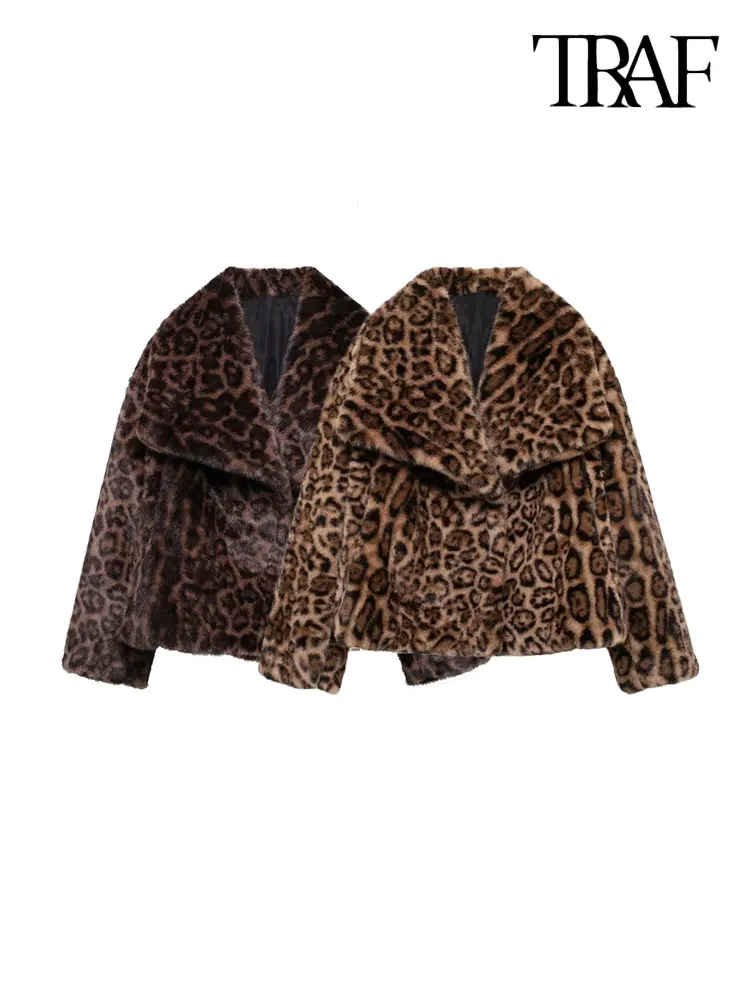 TRAF-Women's Thick Warm Leopard Faux Fur Jacket, Lapel Collar Coat, Long Sleeve Female Outerwear, Chic Tops, Fashion