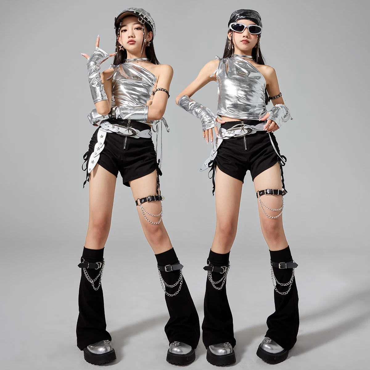 키즈 재즈 댄스 의류 소녀 Kpop 무대 복장 실버 탑 블랙 Shortsschool 쇼 공연 정장 패션 스트리트웨어 AMY2393