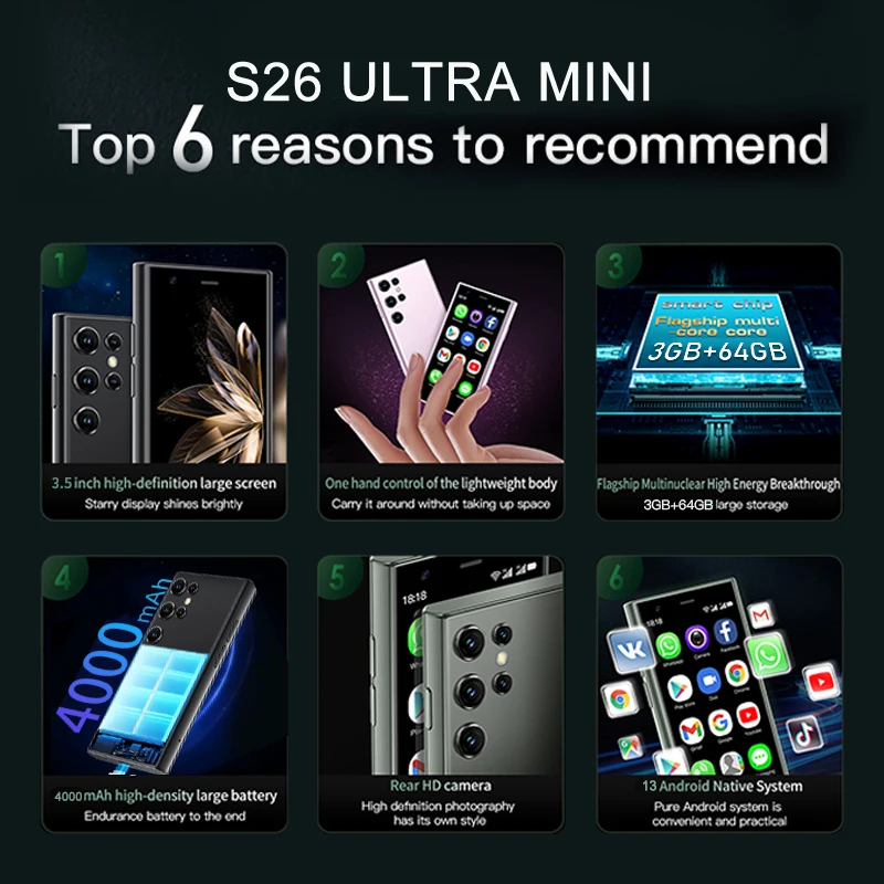 S26 Ultra Mini Smartphone with Face Unlock, Android OS 13, Google Store, 4000mAh, Small Smartphones, Latest Update, 4G