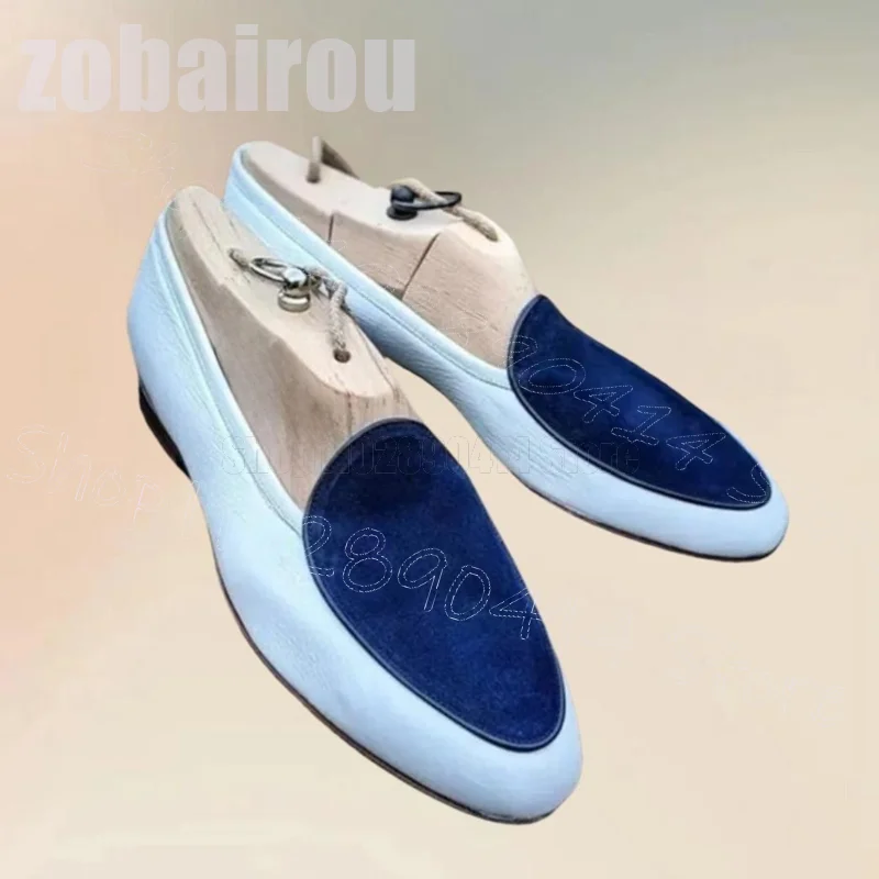 

Blue Suede Splicing Leather Patchwork Loafers Fashion Slip On Men Shoes Luxury Handmade Party Banquet Dating Men Casual Shoes