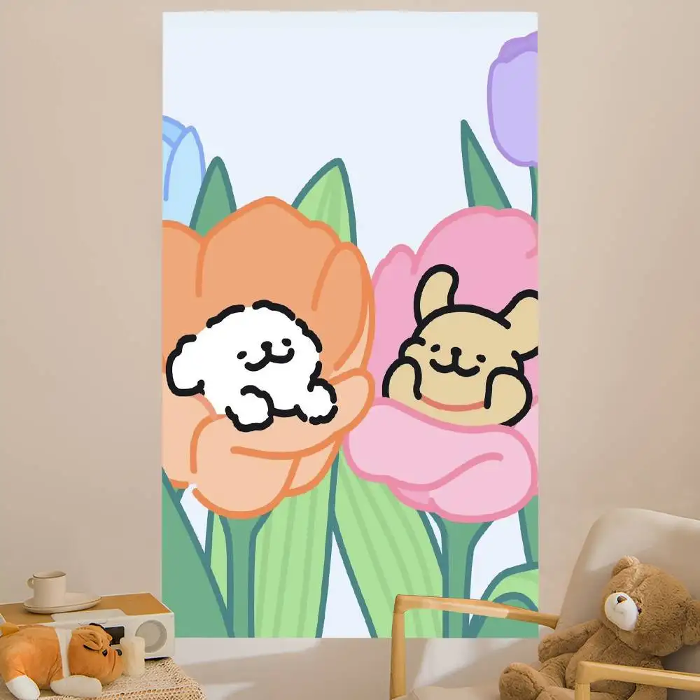 Line CARTOON P-PuppyS Anime Tapestry Hippie Flower Wall Carpets Dorm Decor Cheap Hippie Wall Hanging
