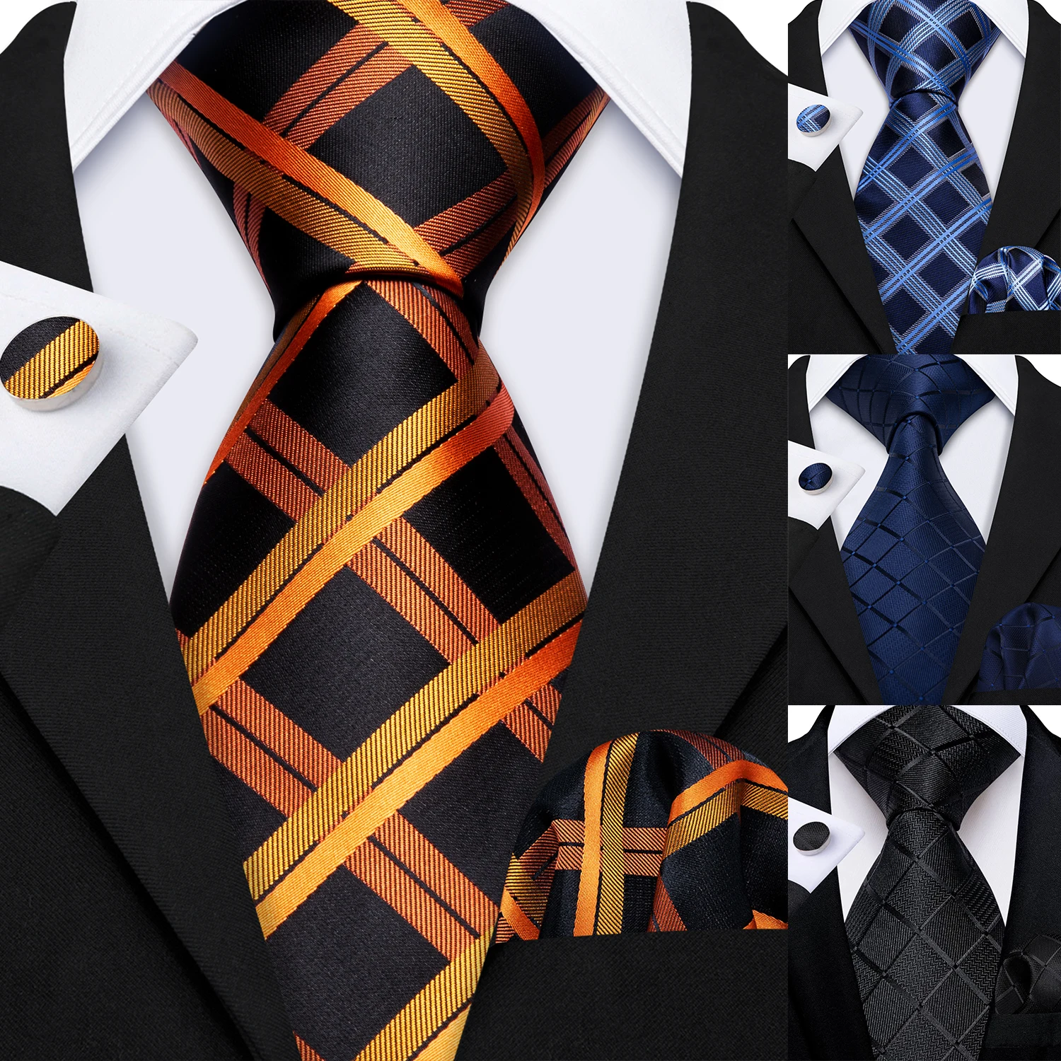 Men Tie Set with Pocket Square Cufflinks, Formal Business Wedding Party Suit Accessories, Jacquard Woven Plaid Checked Necktie