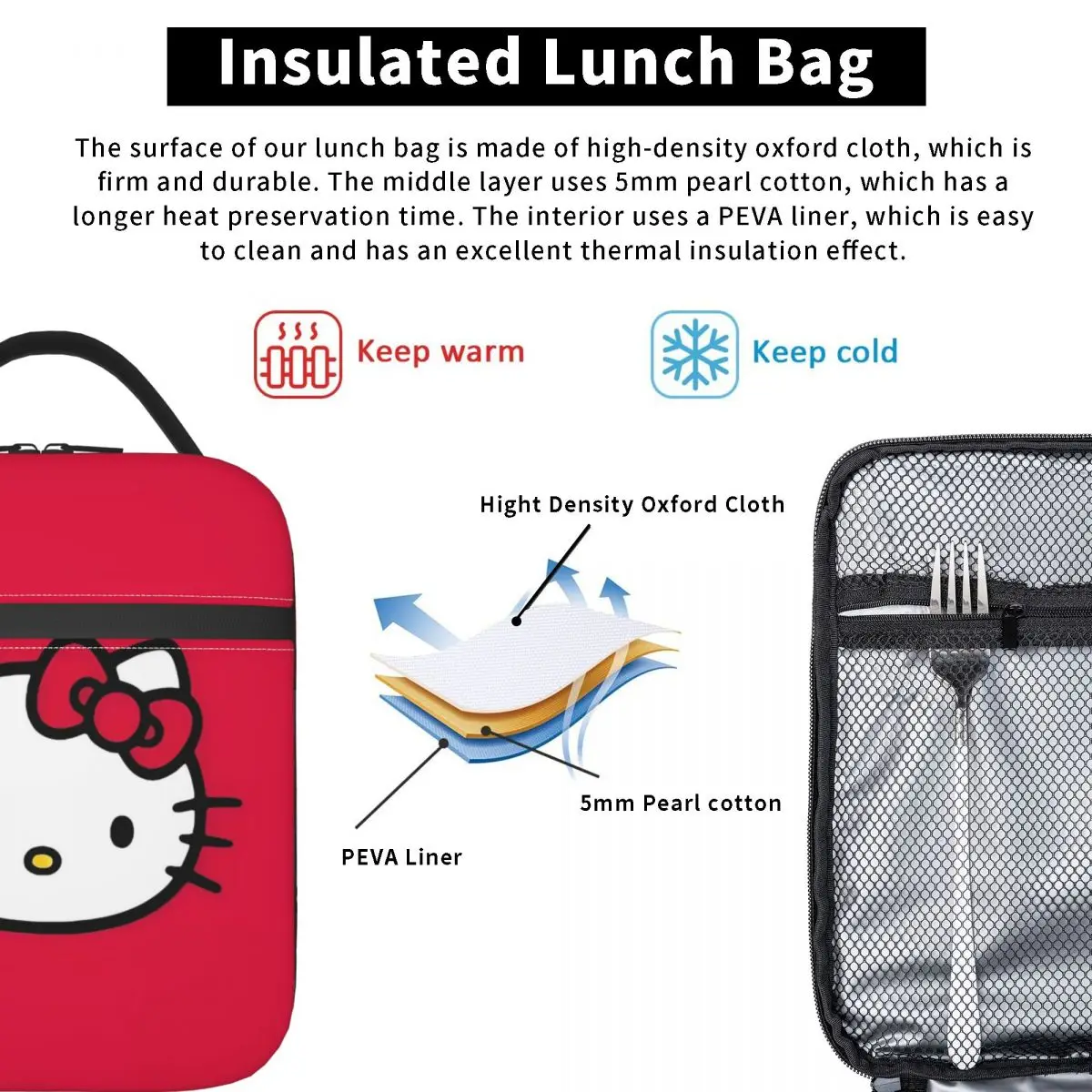 Bolsa de almuerzo aislada con cara de Hello Kitty, bolso enfriador reutilizable a prueba de fugas, fiambrera de mano, bolsa de comida de viaje escolar