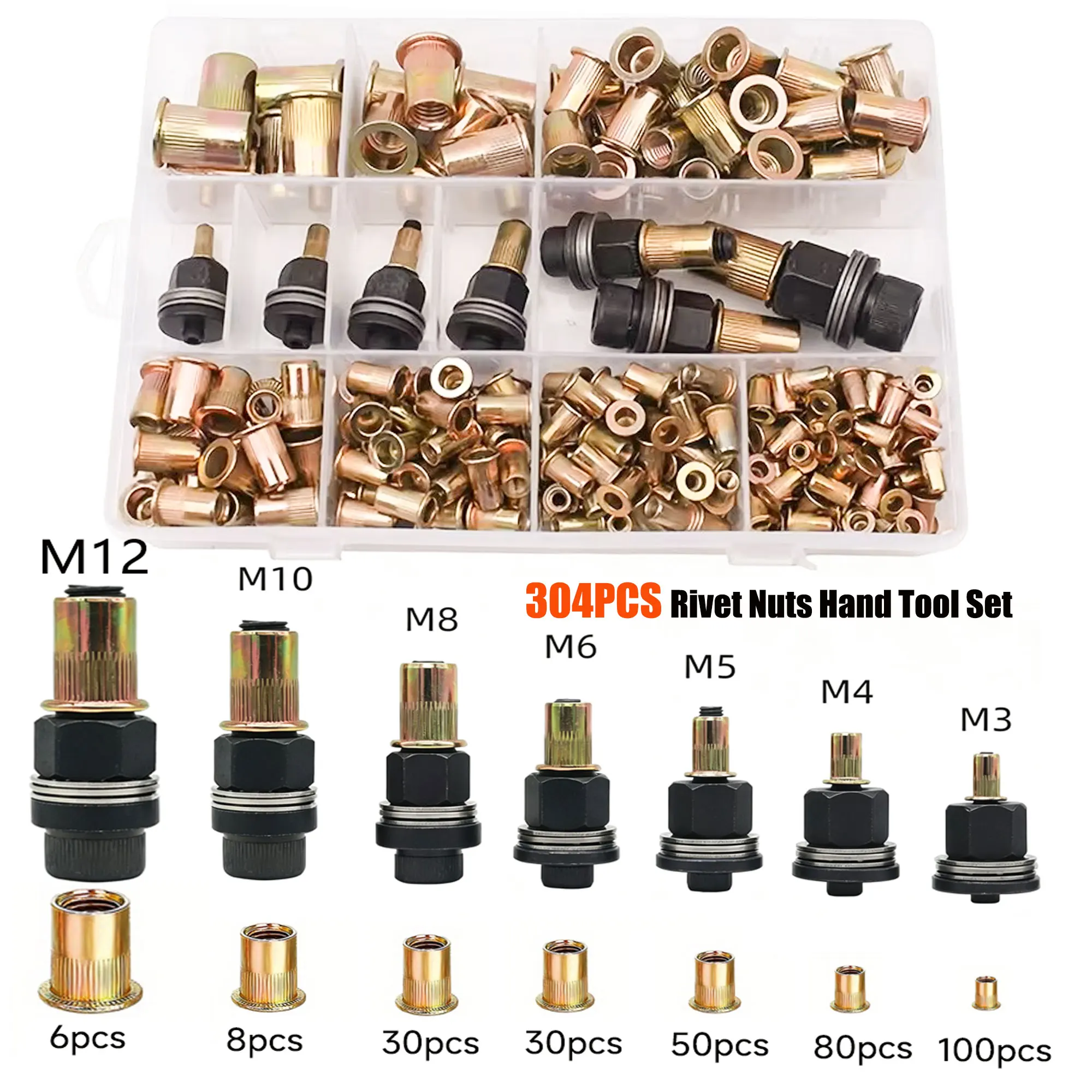 216/304-Piece Rivet Nut and Hand Tool Set, Metric Rivet Nut Assortment (M12/M10/M8/M6/M5/M4/M3), Suitable for Furniture, Decoration, Automotive, Marine, and Industrial Applications