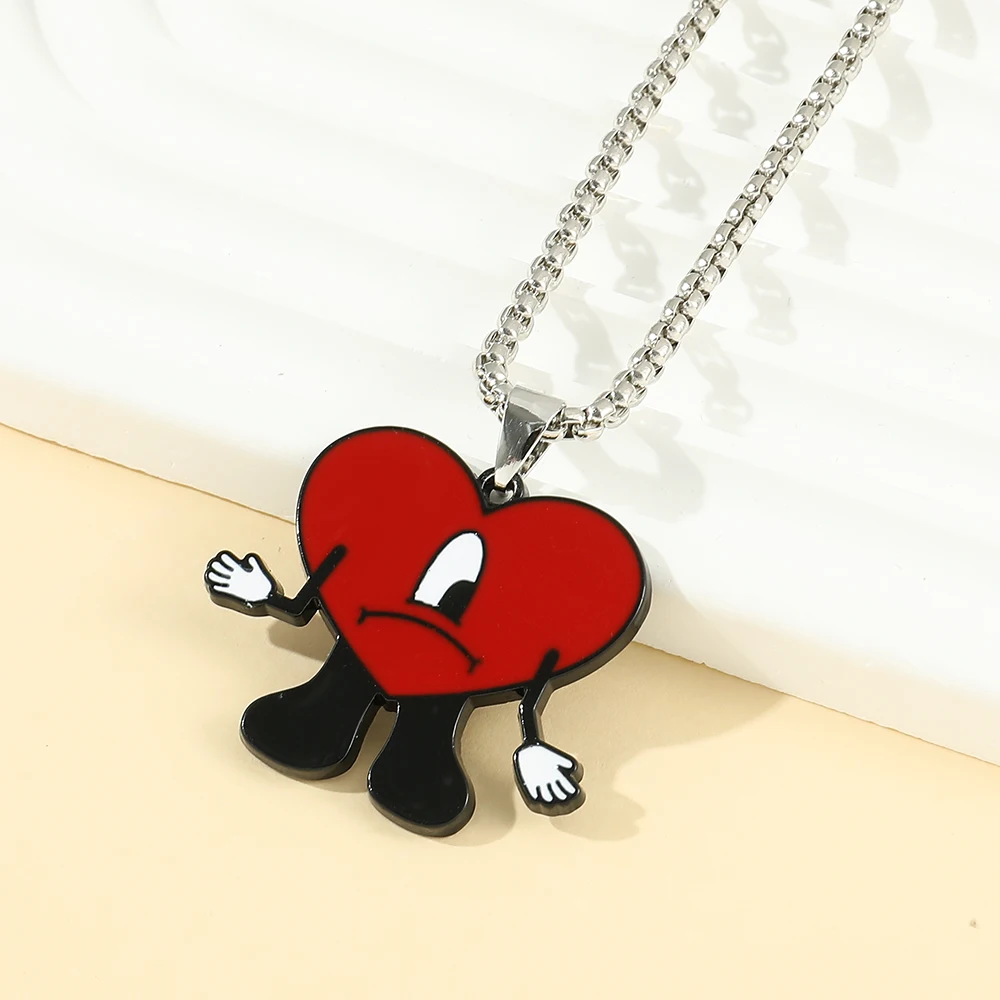 Trend Bad Bunny Necklace Cosplay Singer Bad Rabbit Red Heart Pendant Neck Chain Cute Decoration Jewelry Accessories for Fan Gift