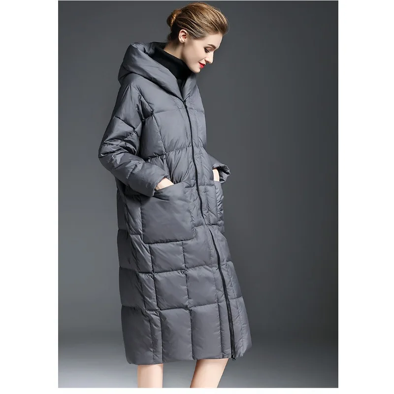 Luxuriöse hochwertige Daunenjacke für Damen, warmer Winter, über dem Knie, mit Kapuze, 90 % weiße Entendaunen, verdickter Mantel, trendige Pufferjacke