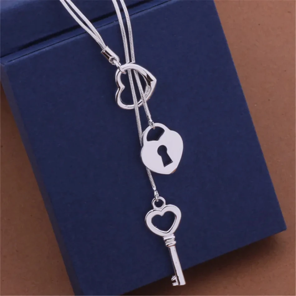 

925 Sterling Silver romantic key love heart Chain Necklace 45cm For Women Wedding Fashion lady Versatile Jewelry Gifts