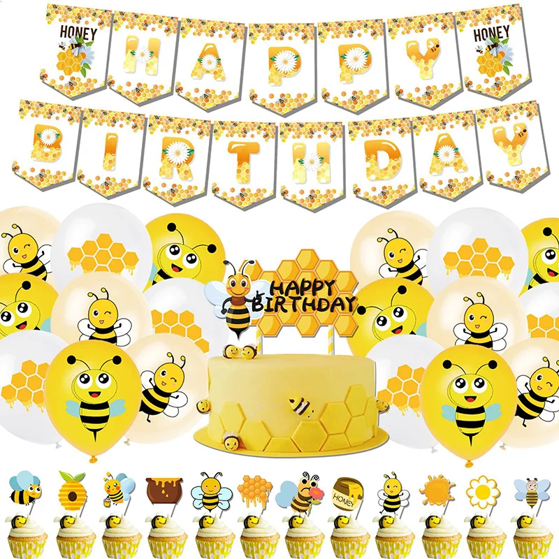 Bumble Bee Theme Party DIY Supplies Kids Birthday Party Decoration Latex Balloon Garland Disposable Tableware Set Baby Shower Su