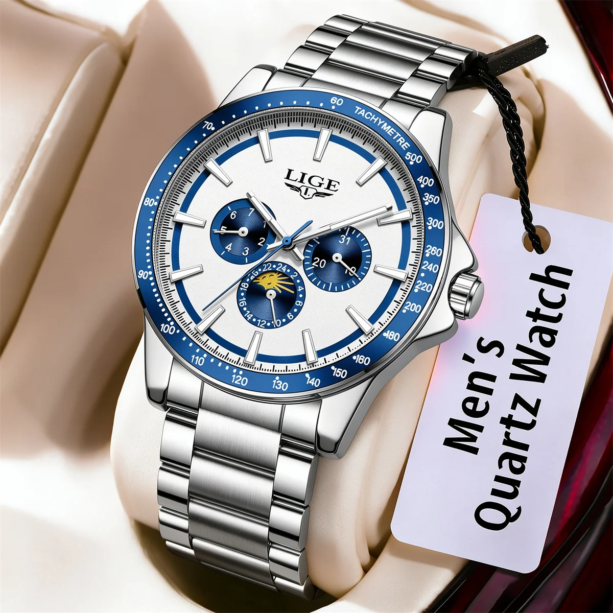 LIGE brand luxury watches mens Luminous Calendar Moon phase Waterproof Business quartz Stainless mens wristwatch reloj hommes