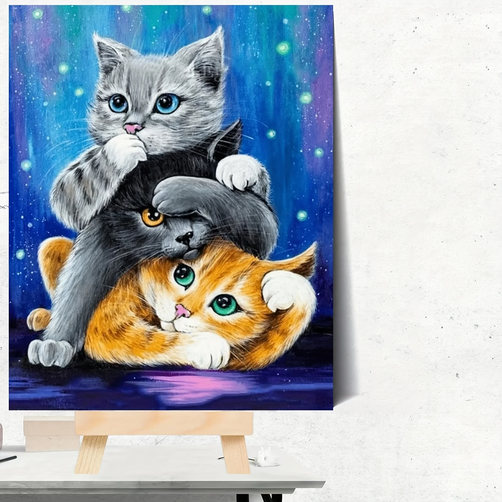 Professional Art Use 1 Set of Digital Oil Painting Kit, Beginner Entry-Level Kit, Three Cute Cats Cuddling Under The Starry Sky,