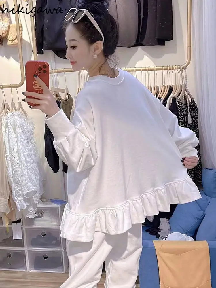 Women Clothing Oversized T Shirts Long Sleeve O-neck White Tees Sweet Ruffles Tops 2024 Ropa Mujer Casual Fashion Y2k Tshirt