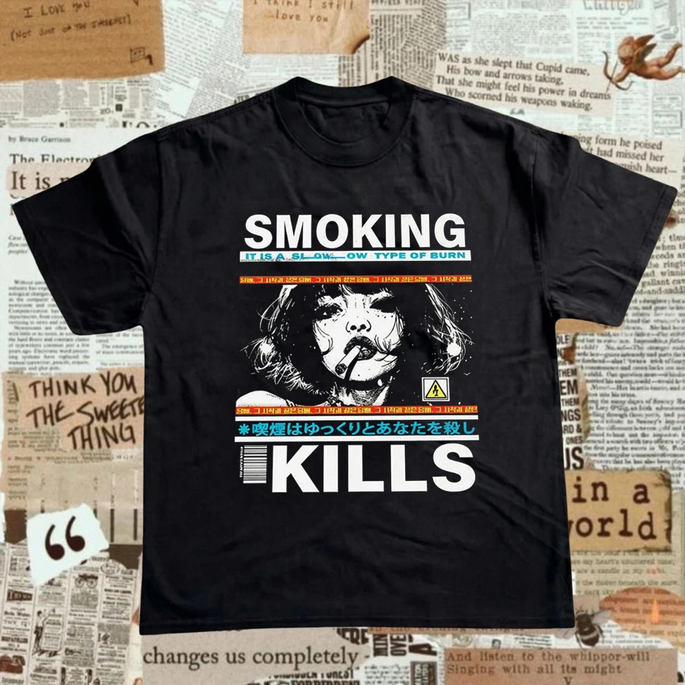 Y2K Decadent Style Smoking Death Pattern T-Shirt Men Women 90s Cotton T-shirt Aesthetic Streetwear Harajuku Y2K Casual Tops