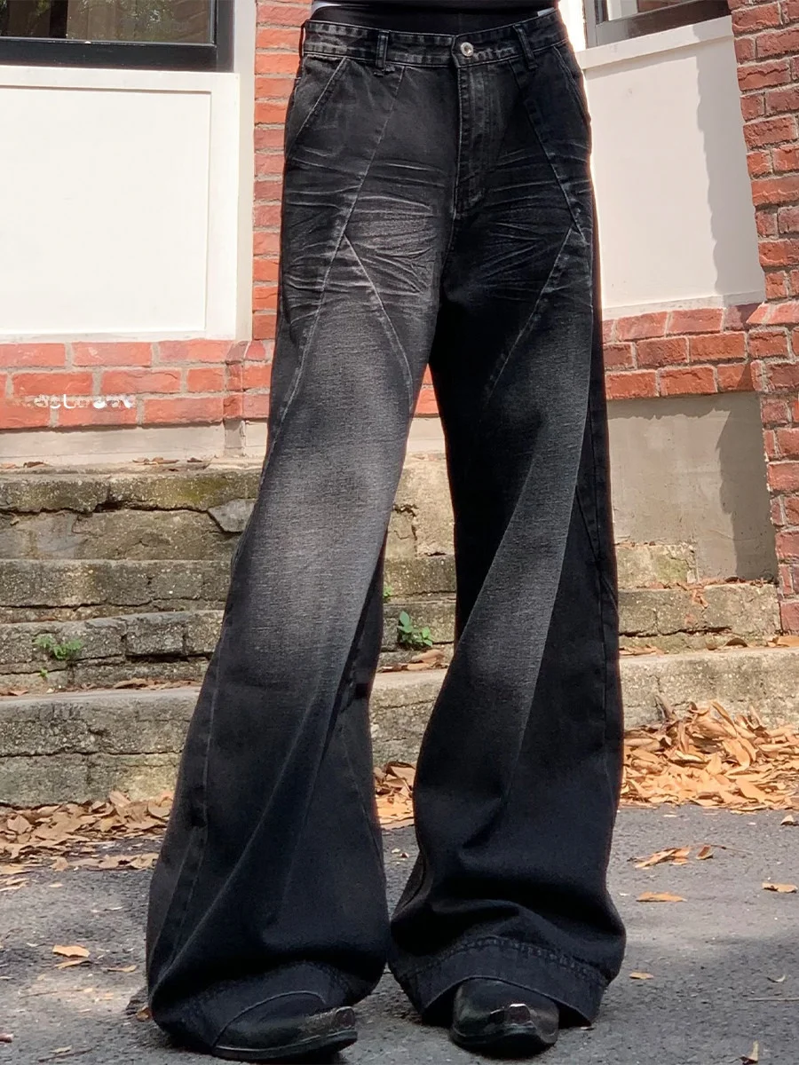 

Retro Washed American High Street Style Men's Loose Straight Leg Jeans 3D Tailoring Wide Leg Casual Long Trousers