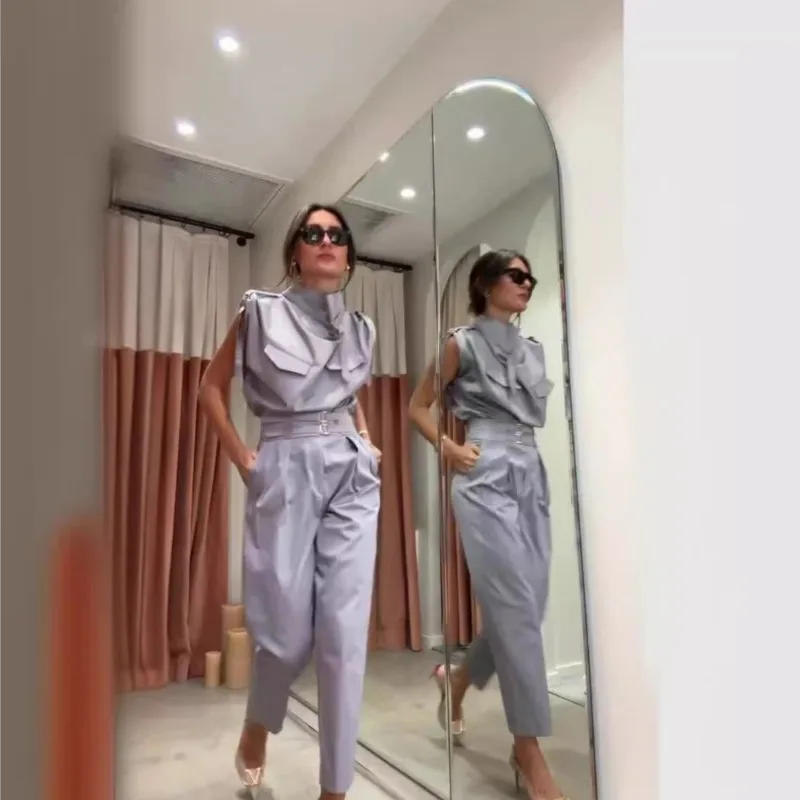 

New Summer Women Solid Patchwork Chic Two Piece Set Cargo Pants Fashion Sleeveless Outfit Turtleneck Ladies Suits Streetwear