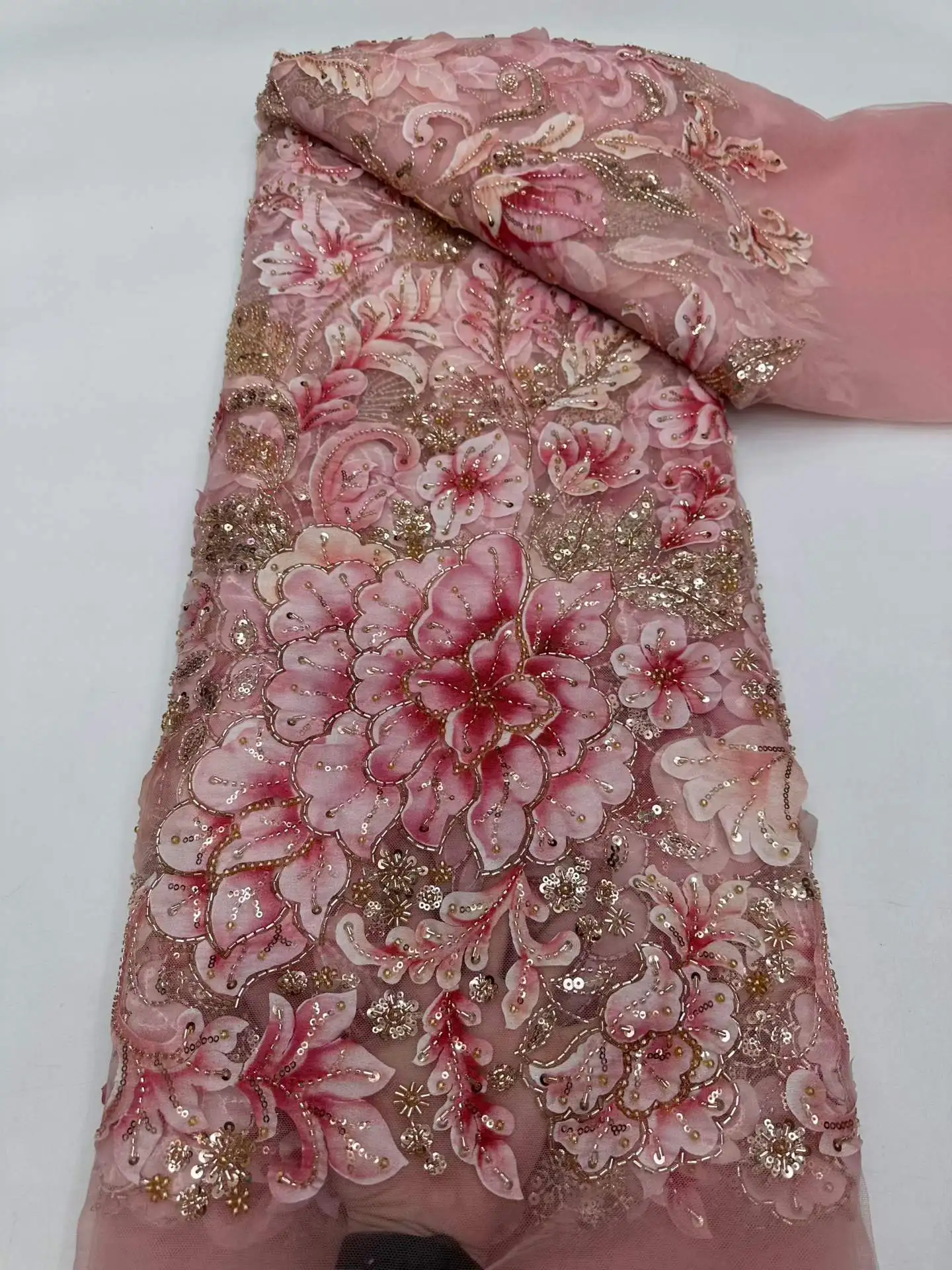 African French Beaded Multi COlor Lace Fabric 2026 High Quality Lace Pink Lace Fabric Nigerian Tulle Mesh Lace Fabrics Wedding