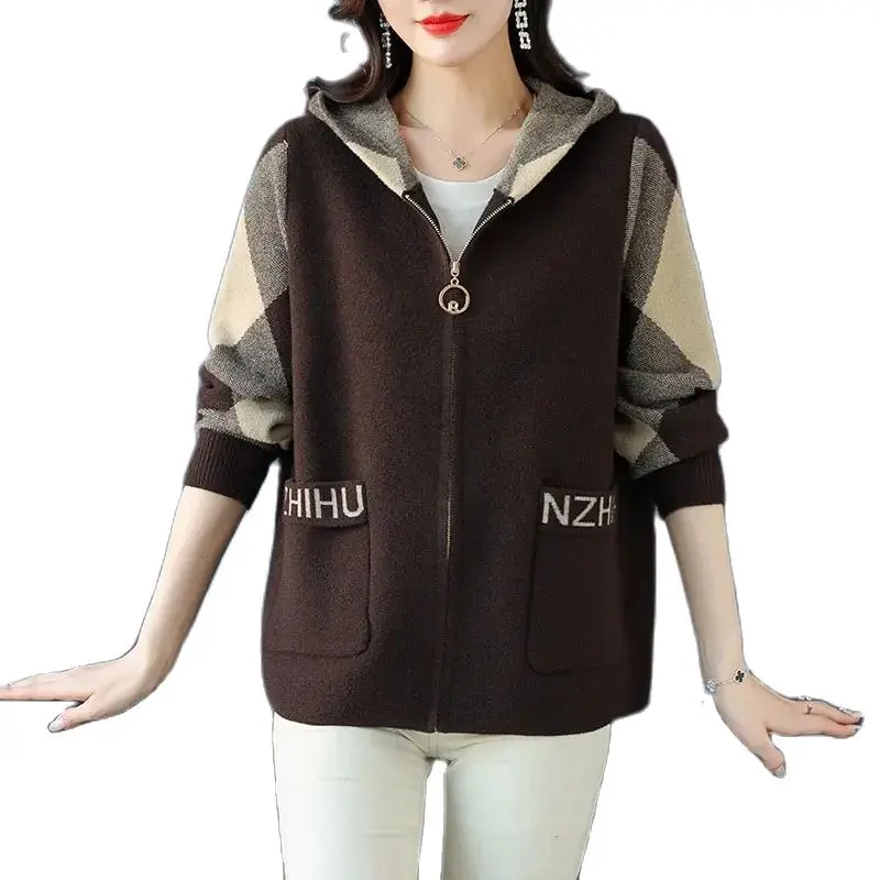 

Fashion Mom Spring And Autumn New Wool Knitted Hooded Short Zipper Cardigan Loose Slim Western-style Loose Coat Female Tide.