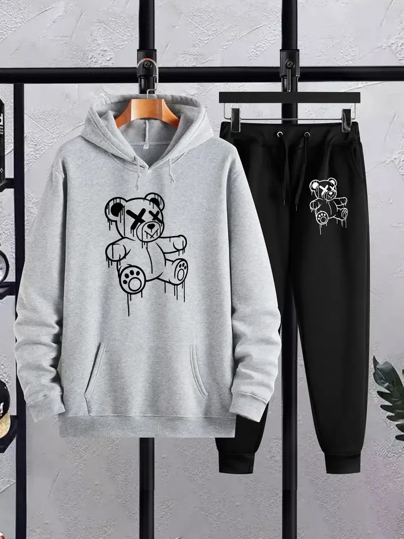 2025年秋新作 3Dクマプリント 快適でおしゃれなカジュアルメンズアウトドアスポーツスウェット上下セット