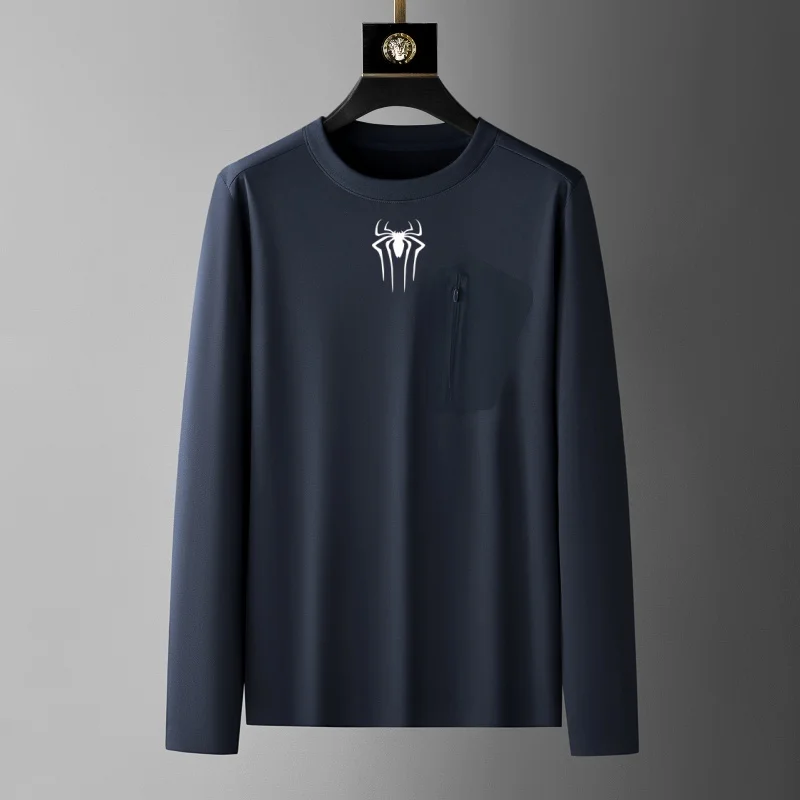 Men's new round neck solid color long sleeved T-shirt luxury brand fashion spider print high-quality sports and leisure top