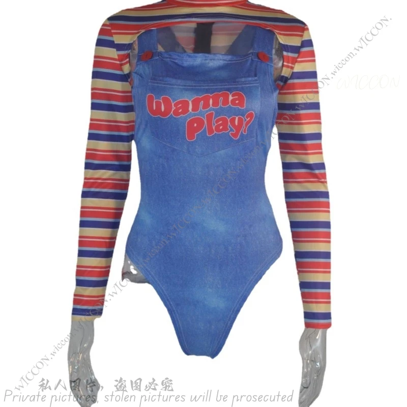 Assustador pesadelo halloween cos traje feminino assassino quer jogar filme personagem bodysuit chucky sexy uniforme conjunto festa de halloween