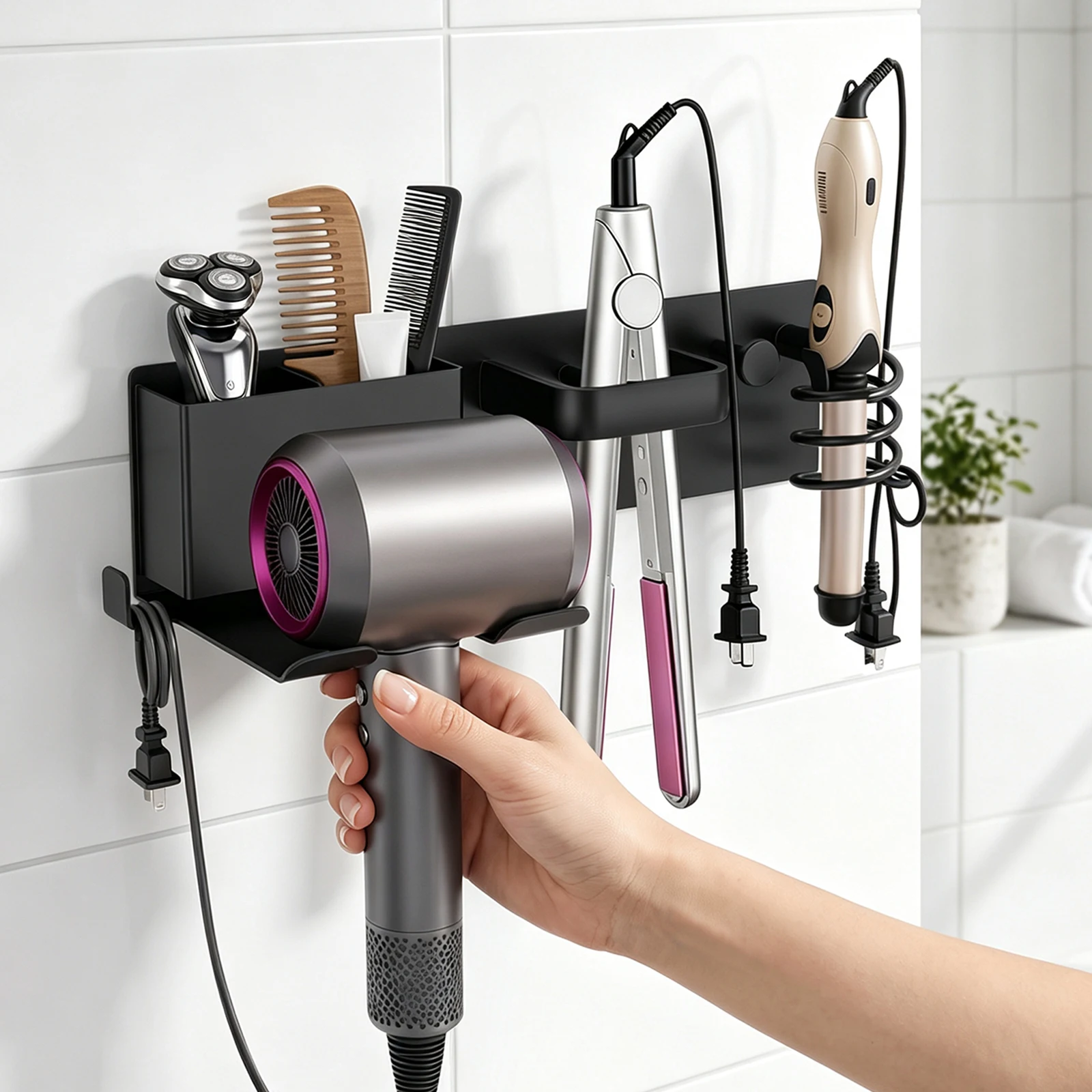 5 in 1 Hair Dryer Storage Rack Wall Mounted Hair Tool Organizer Metal Hairdressing Straightener Stand, Hair Dryer Stand