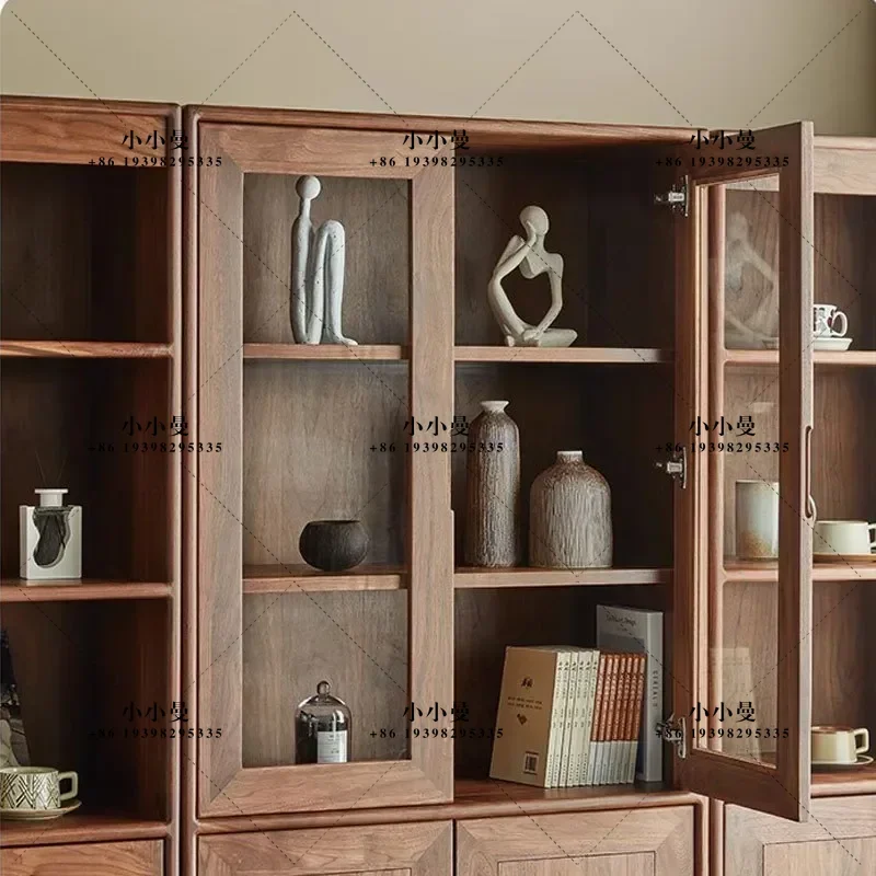 North American Black Walnut Solid Wood Bookcase with Door Modern Simple Floor Standing Storage Cabinet New Chinese Style