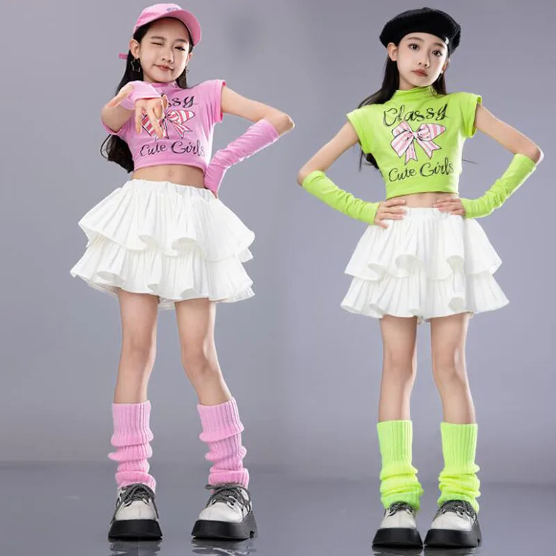 Hip Hop Outfits Kids Crop Top Street Dance Tiered Skirts Girls Streetwear Children Cheerleader Costumes Stage Jazz Clothes Sets