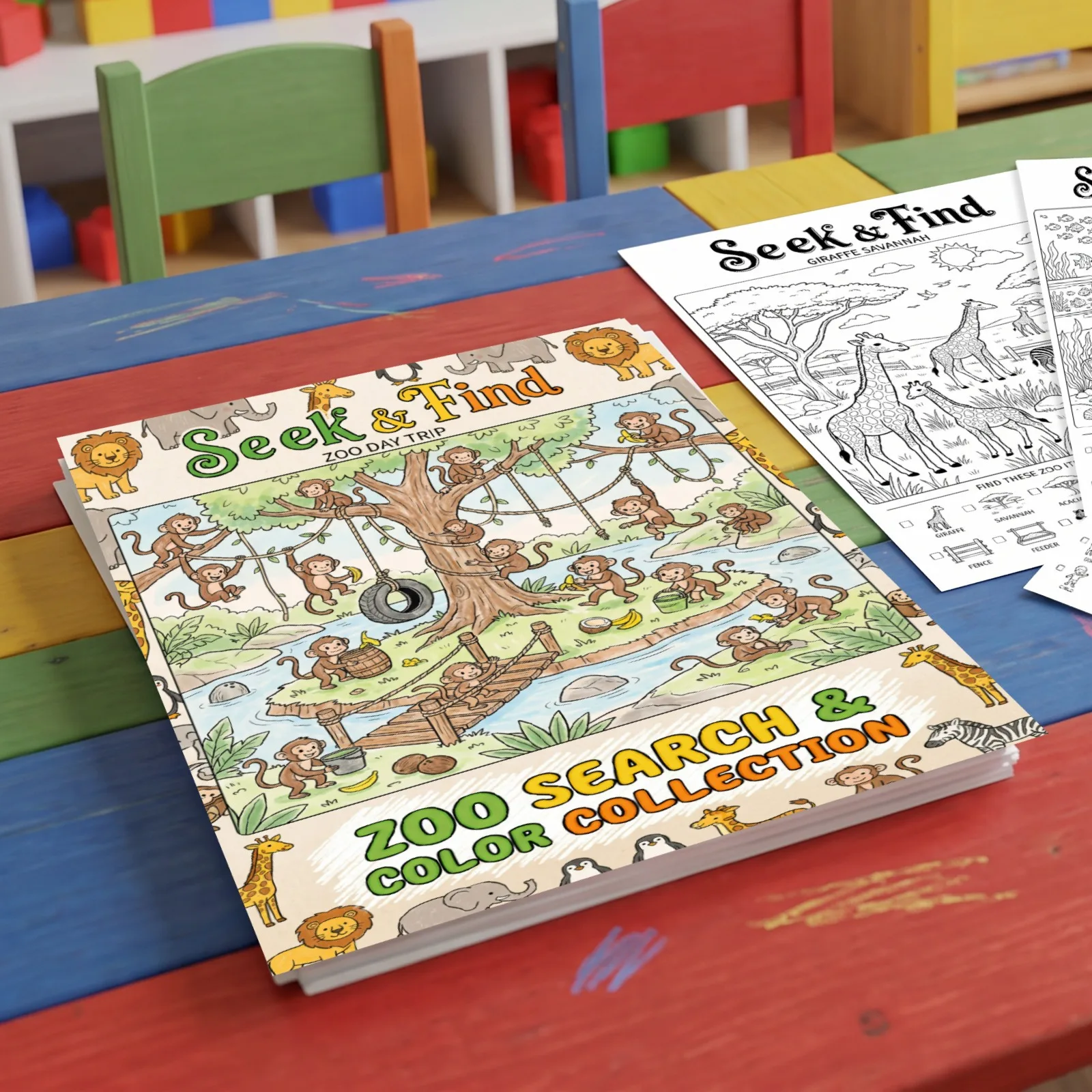 10pcs Per Pack Coloring Posters, Zoo‑Themed Search‑and‑Find Fun Hand‑Drawn Graffiti Coloring Papers