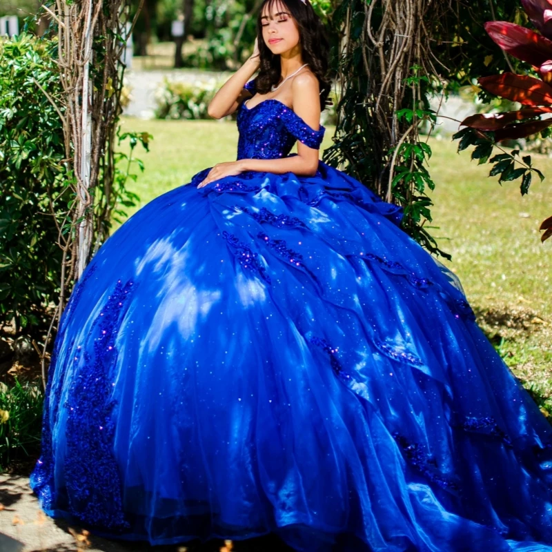 

Royal Blue Shiny Ball Gown Quinceanera Dresses Applique Lace Beading Crystal Bow Tull Corset Off Shoulder Sweet 16 Dress Vestido